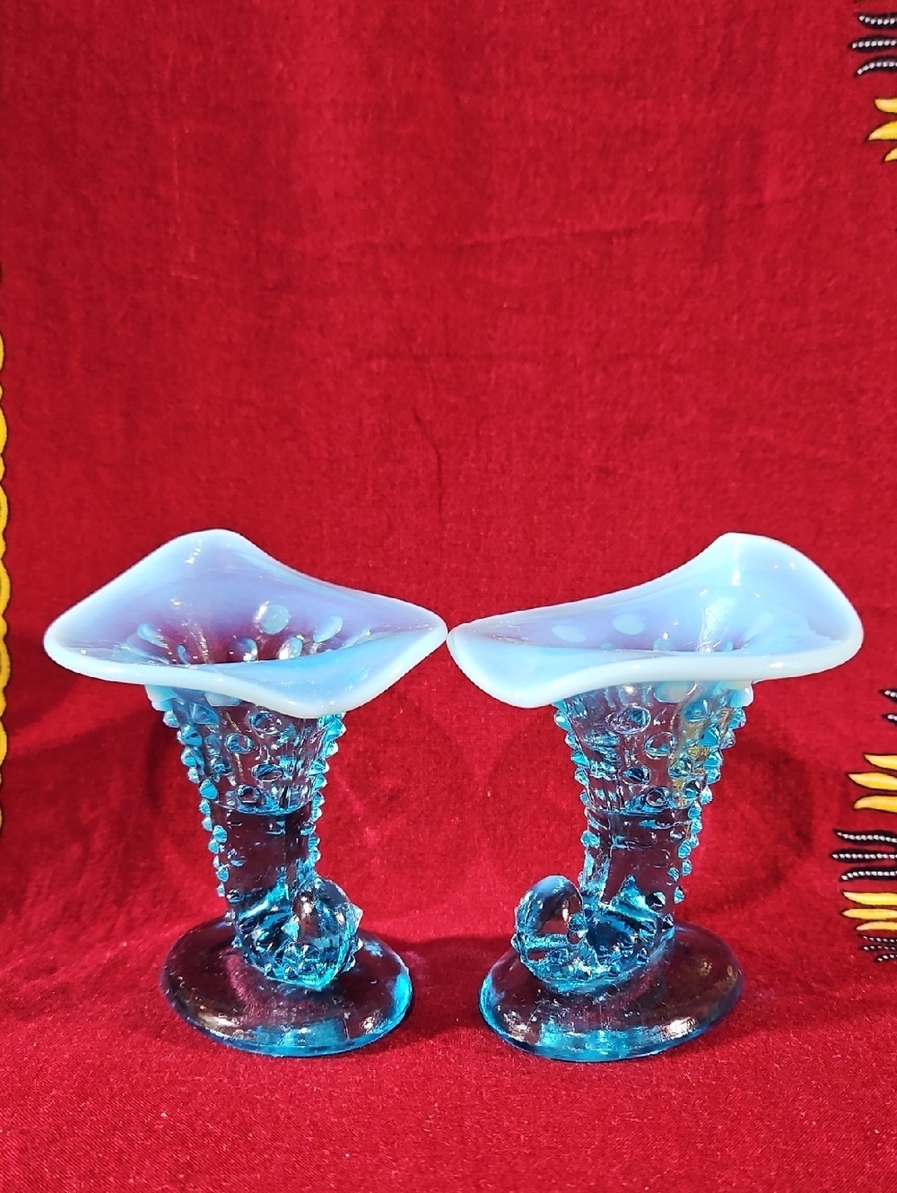 Fenton Blue Opalescent Hobnail Cornucopia Candle Holders/Bud Vases, UV Reactive